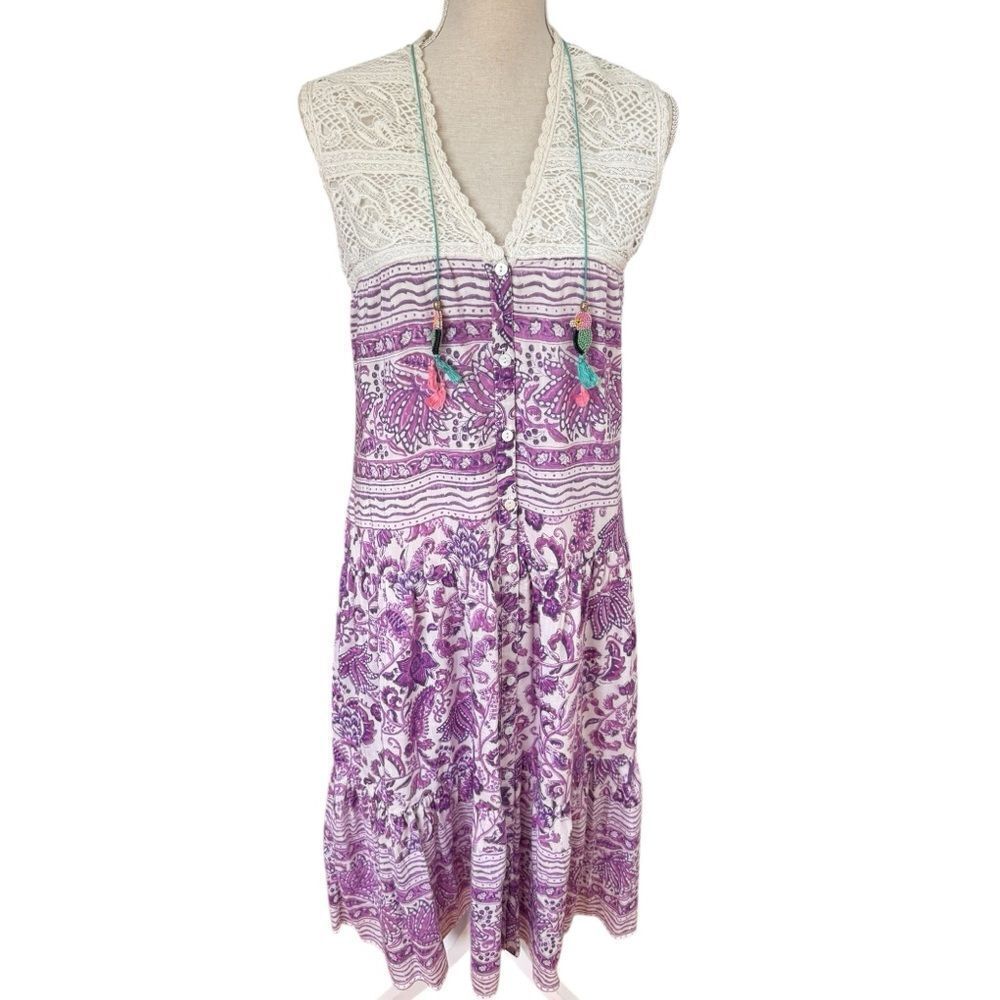 BELL by Alicia Bell Purple Floral Tiered Ruffle  Boho Midi Dress xS